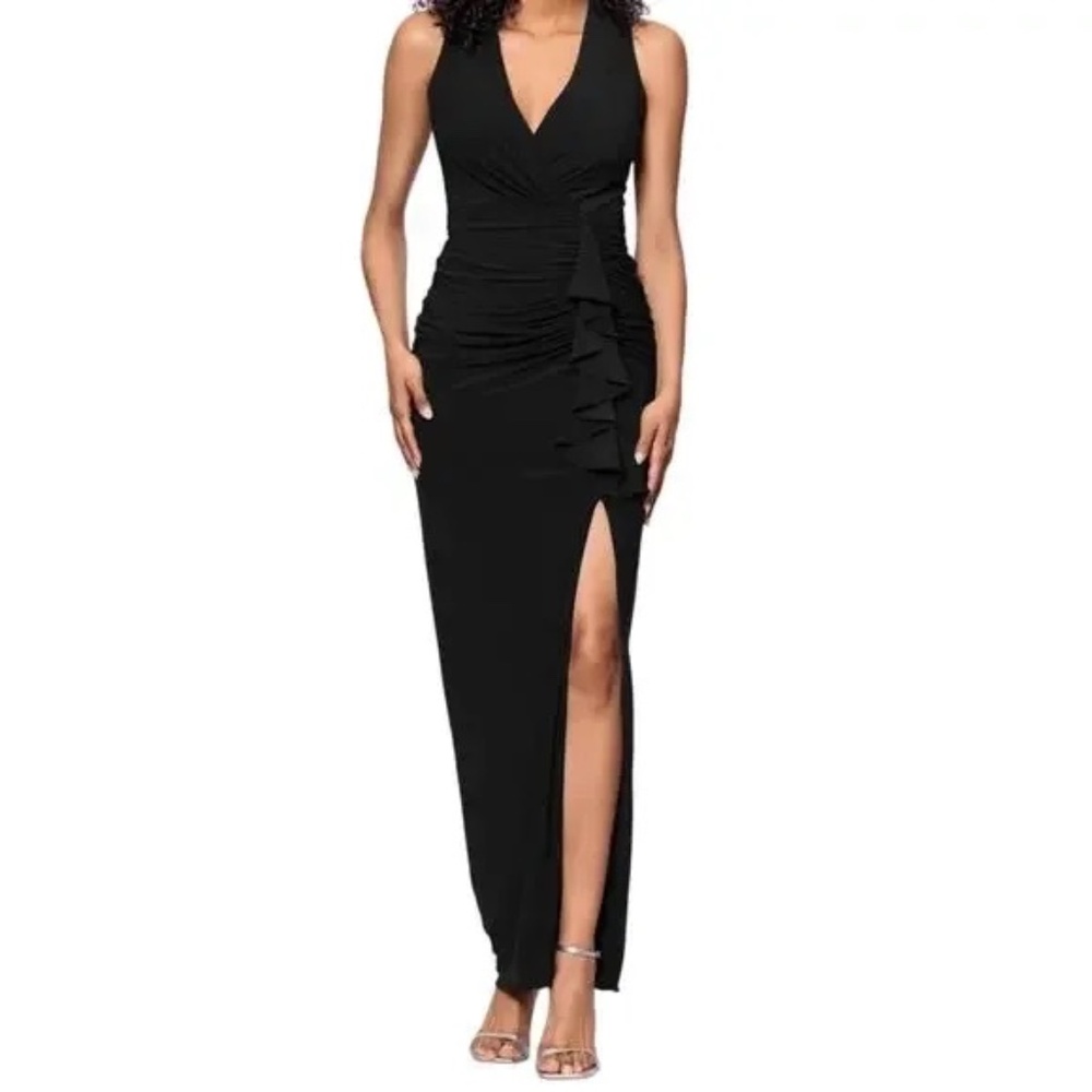 Betsy & Adam Ruched Draped Black Maxi Gown | Sleek Column Dress
